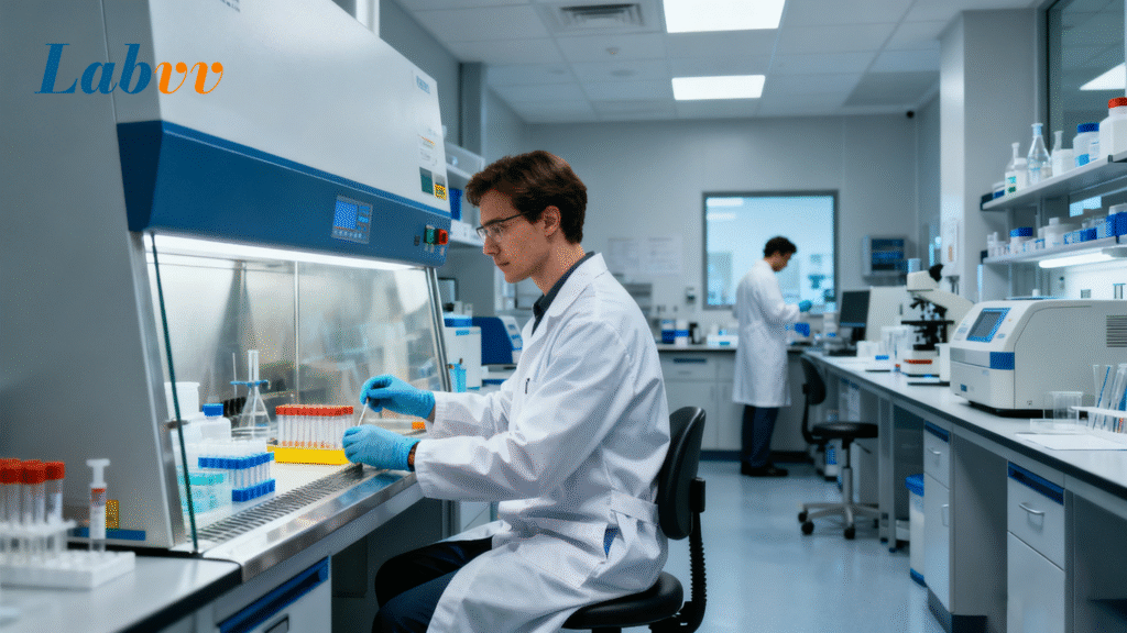 Modern clinical diagnostic laboratory with advanced equipment and technicians working in a clean lab environment