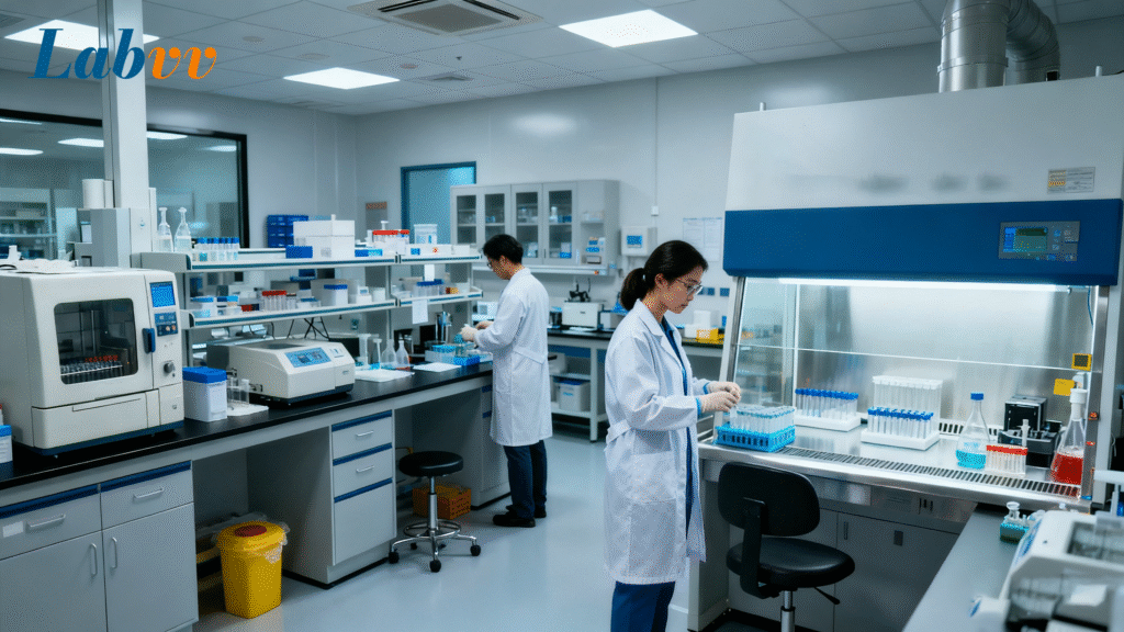 Modern clinical diagnostic laboratory with advanced equipment and organized workflow, LabVV turnkey solution