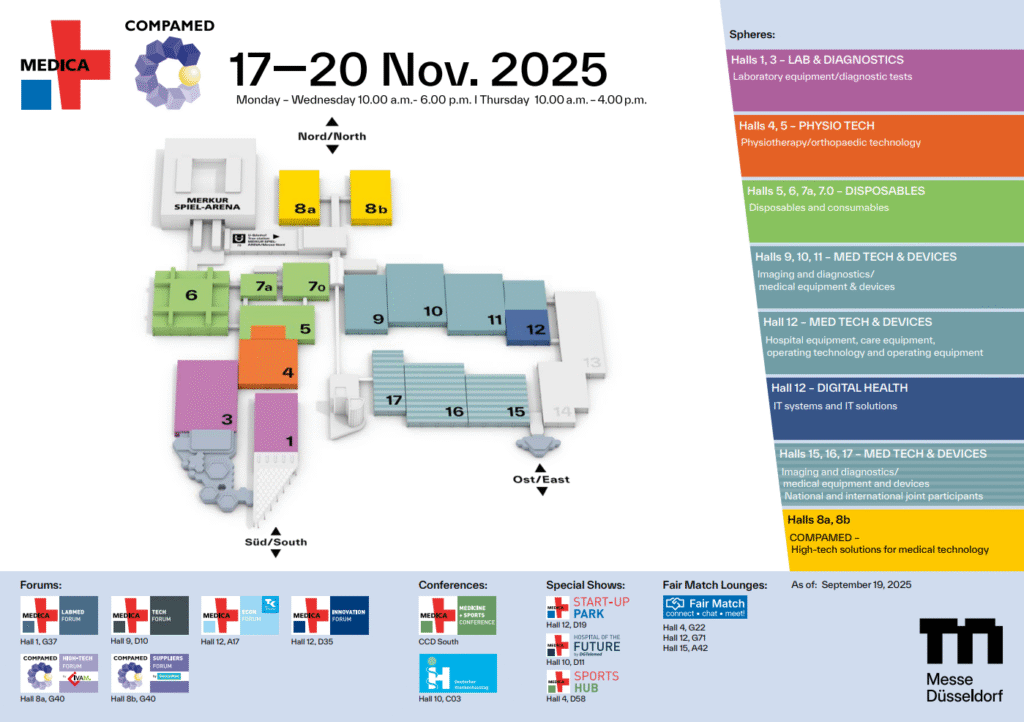 MEDICA 2025 exhibition site map showing hall layout and thematic areas including laboratory equipment, medical devices, and IT solutions