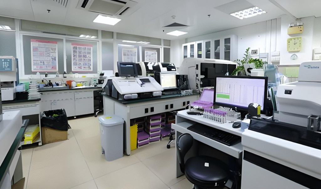 Technicians working with laboratory incubators and analyzers in a clinical diagnostics laboratory system
