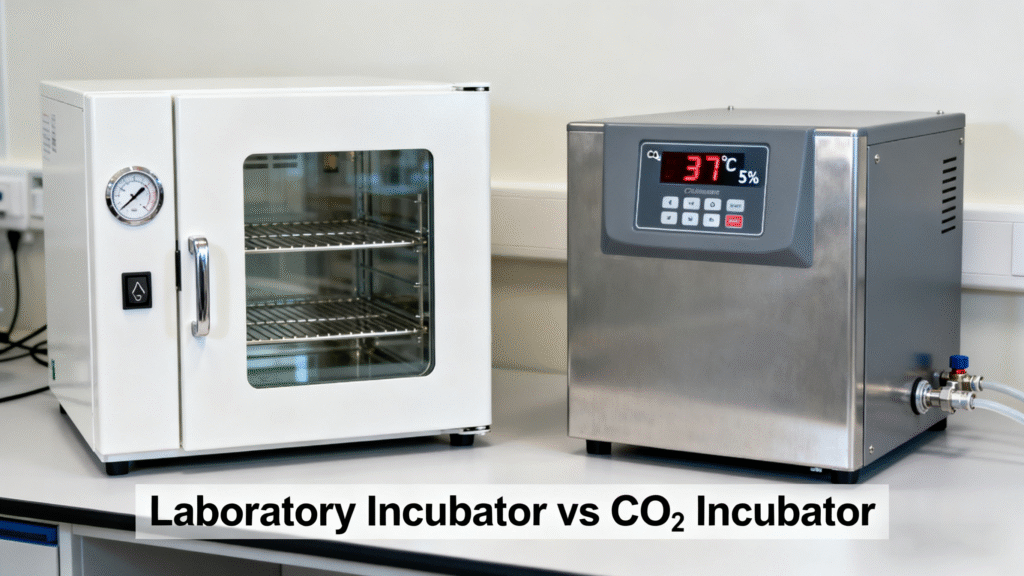 Comparison of a laboratory incubator and a CO2 incubator showing differences in temperature control and CO2 atmosphere for cell culture.