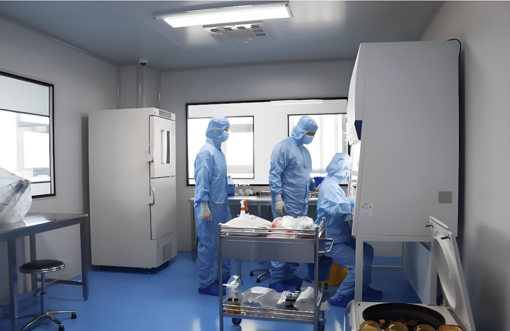 Technician working in a GMP stem cell laboratory under a biosafety cabinet with advanced cell culture and quality control equipment.