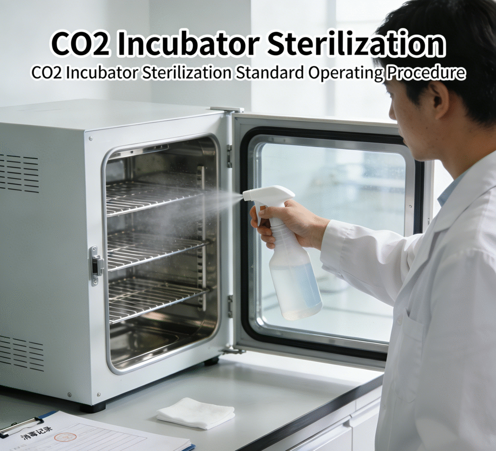Scientist performing CO2 incubator sterilization by spraying disinfectant inside the chamber.