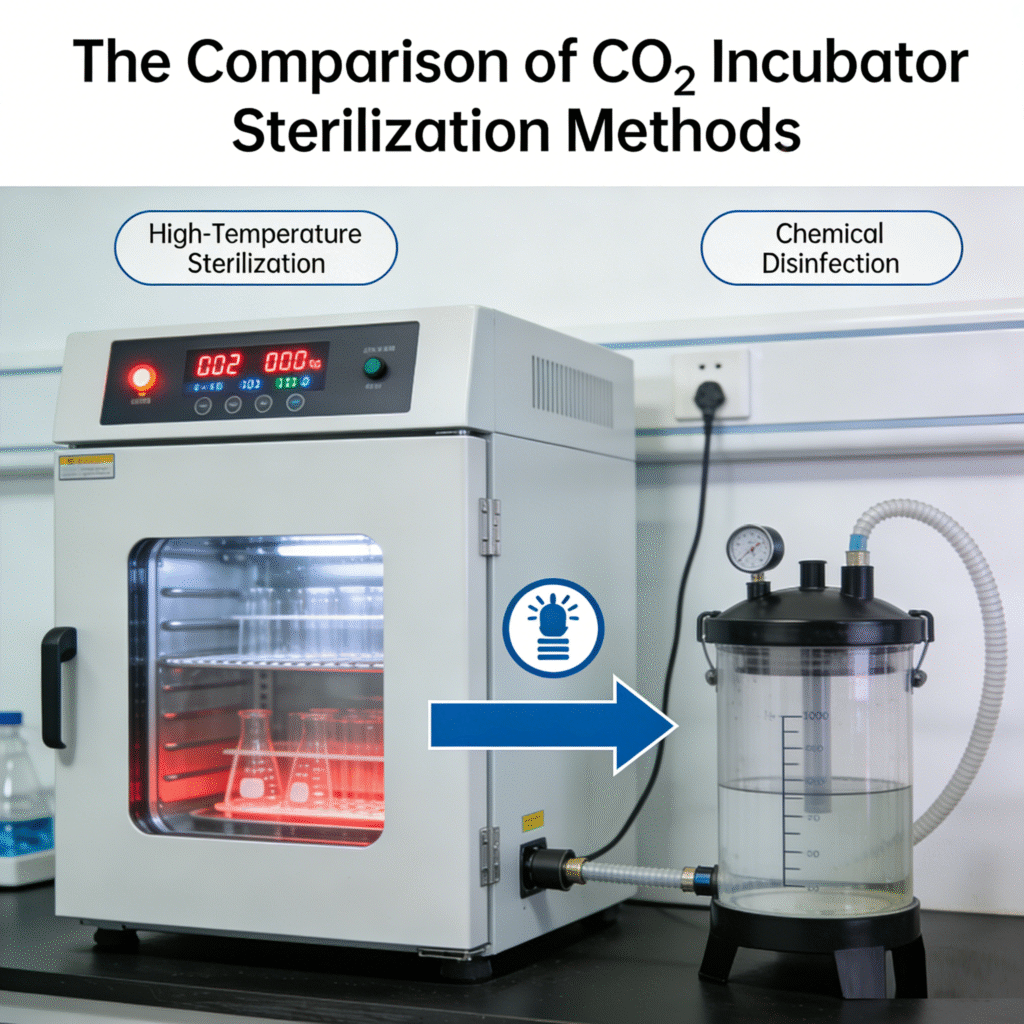 Comparison chart of CO₂ incubator sterilization methods: high-temperature sterilization vs chemical disinfection with effectiveness metrics.
