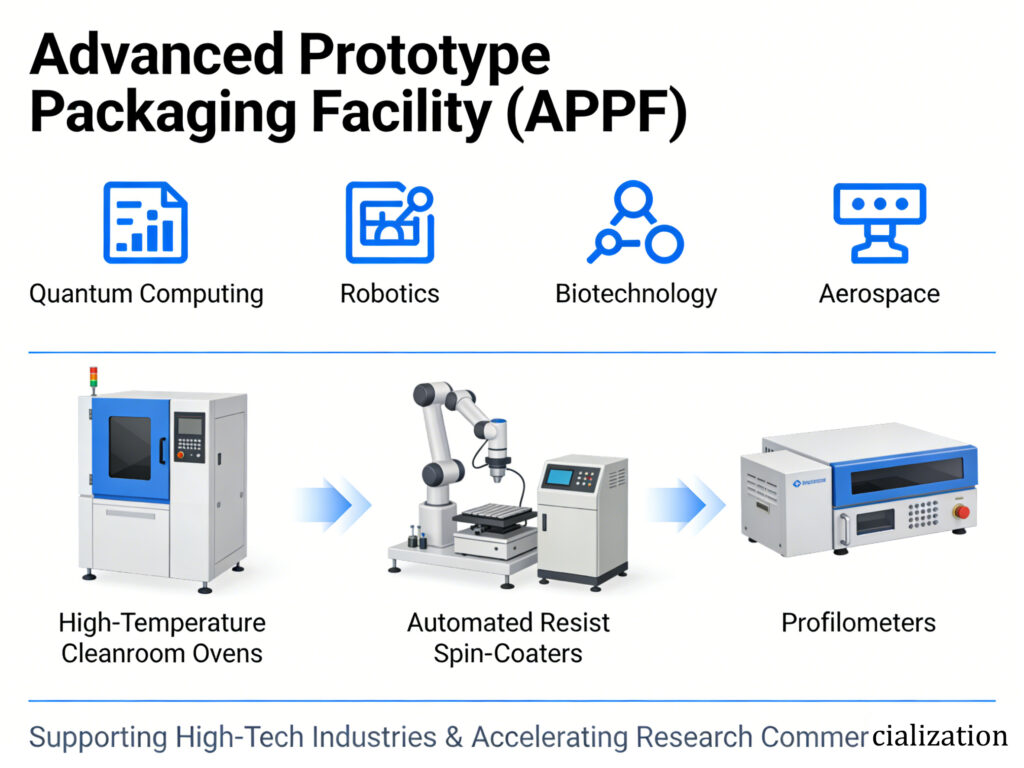Advanced Prototype Packaging Facility at a leading Australian university, featuring high-tech precision manufacturing processes like automated spin-coaters and precision cleanroom ovens. Alt text should describe the core elements and technology showcased in the image, ensuring that it highlights key features relevant to the facility and its purpose.