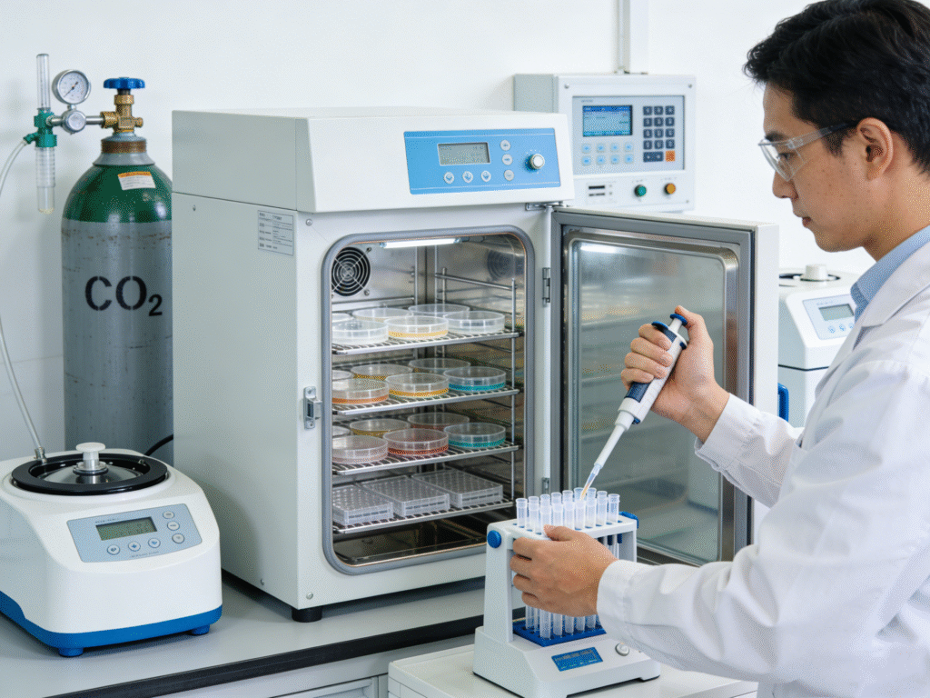 Why CO₂ is used in cell culture to maintain pH balance in bicarbonate-buffered media