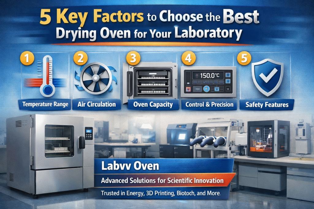 Infographic illustrating 5 key factors to choose the best drying oven for your laboratory, with icons for temperature range, air circulation, oven capacity, control & precision, and safety features. Includes a Labvv drying oven in a laboratory setting.