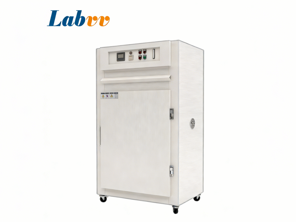 Labvv Nitrogen Drying Oven in a laboratory setting, showcasing advanced temperature control and nitrogen gas usage for safe and precise drying applications.