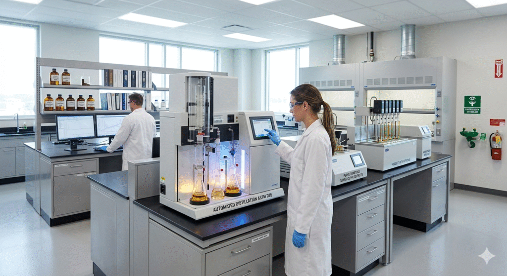 Professional petroleum testing laboratory setup featuring high-end analysis equipment and safety-compliant infrastructure.