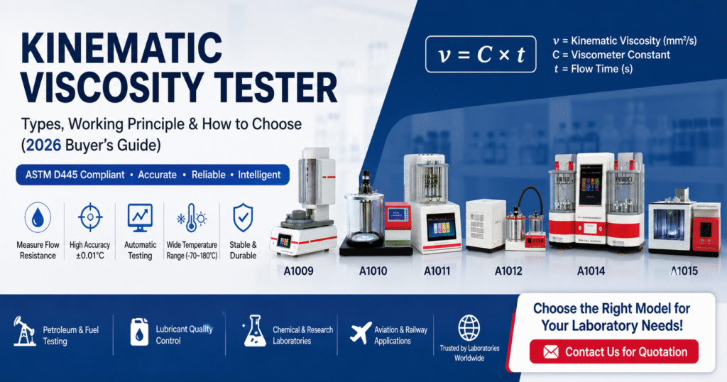 Kinematic viscosity tester guide showing ASTM D445 viscometers A1009 A1010 A1011 A1012 A1014 A1015 for oil testing laboratory
