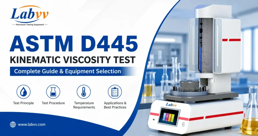 ASTM D445 kinematic viscosity testing guide featuring an automatic viscometer used for petroleum and lubricant analysis