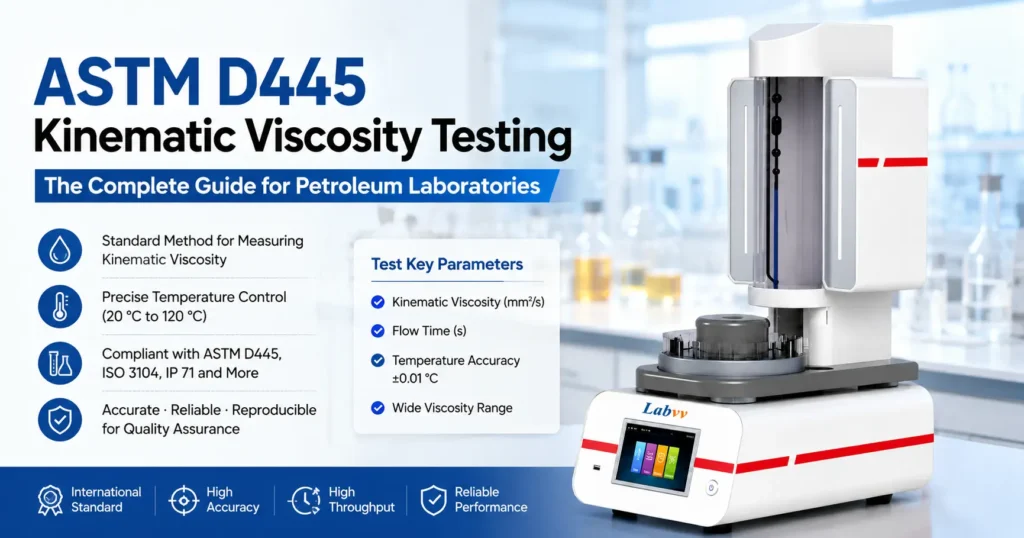 ASTM D445 kinematic viscosity testing guide featuring LabVV automatic viscometer for petroleum laboratory analysis