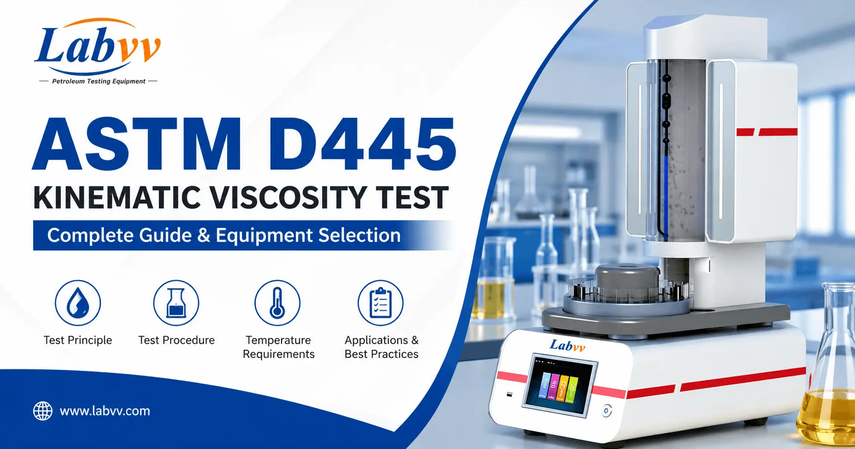 ASTM D445 kinematic viscosity testing guide featuring an automatic viscometer used for petroleum and lubricant analysis