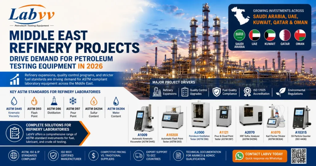 Middle East refinery projects in Saudi Arabia, UAE, Kuwait, Qatar and Oman driving demand for ASTM petroleum testing equipment in 2026.