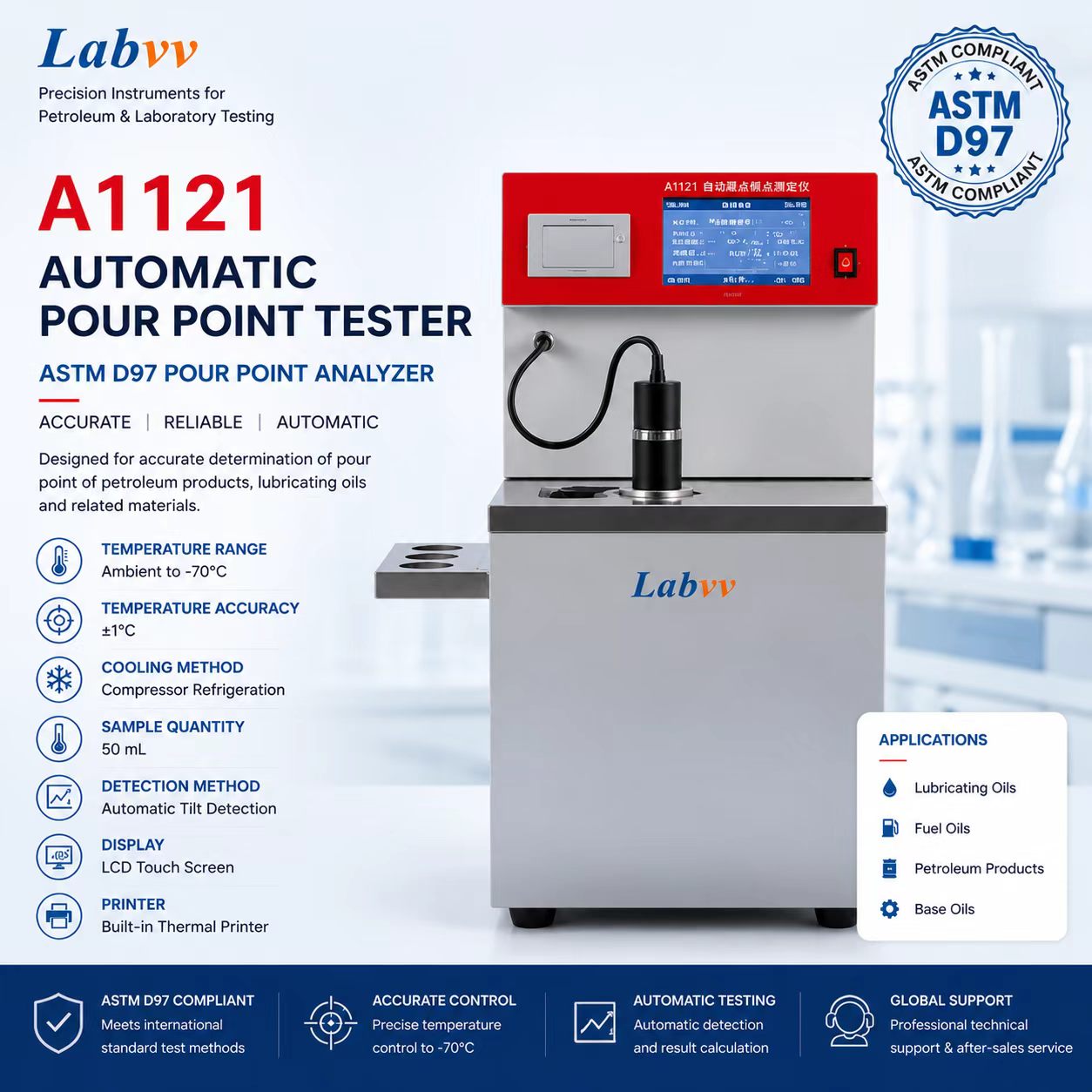 LabVV A1121 Automatic Pour Point and Cloud Point Tester - ASTM D97 Compliant Petroleum Testing Instrument