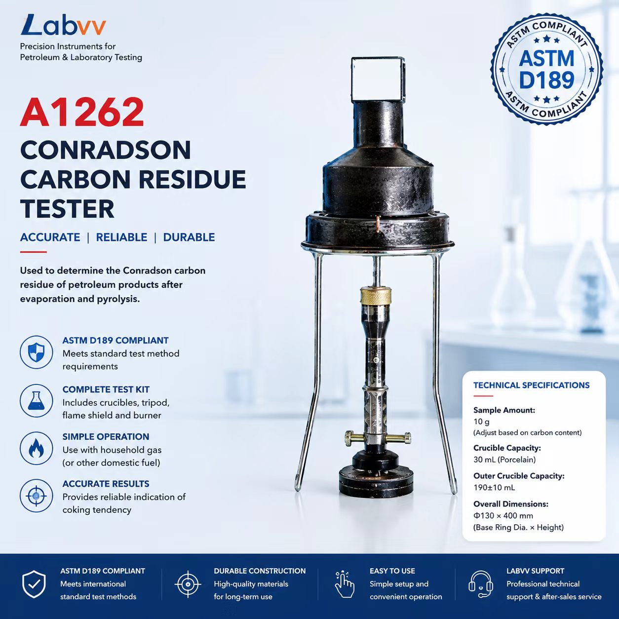 LabVV A1262 Conradson Carbon Residue Tester - ASTM D189 Compliant Petroleum Testing Instrument